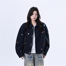 F225-P67美式复古小刺绣黑色夹克女cleanfit设计感宽松外套，男装夹克，电商B323A