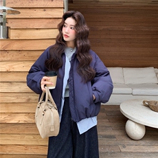 藏青色格子拼接假两件短款羽绒服女冬季2025新款设计感白鸭绒外套，女装羽绒服，慧尚2-185