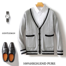 25秋冬V领100%纯羊毛开衫男双兜拼色长袖毛衣宽松羊绒衫针织外套，男装羊毛衫，邓利维