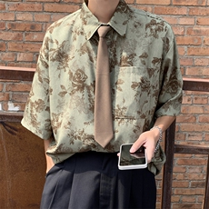 S23-P36日系复古夏季衬衫慵懒碎花五分袖送领带，男装衬衫，星座1501-1