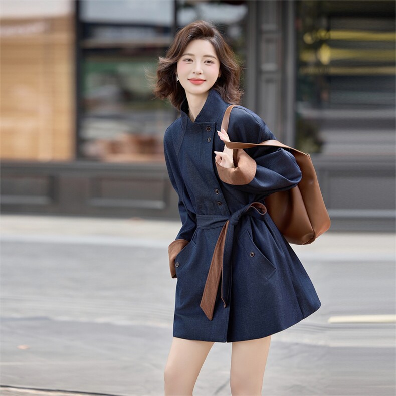 高级感藏青色翻领风衣外套女2025秋冬季宽松减龄拼色收腰气质大衣,女装风衣,素月