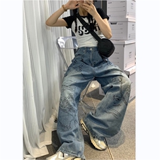 欧美街涂鸦阔腿牛仔裤男女宽松oversize古着感休闲长裤RK831-P45，男装牛仔裤，星座412-3