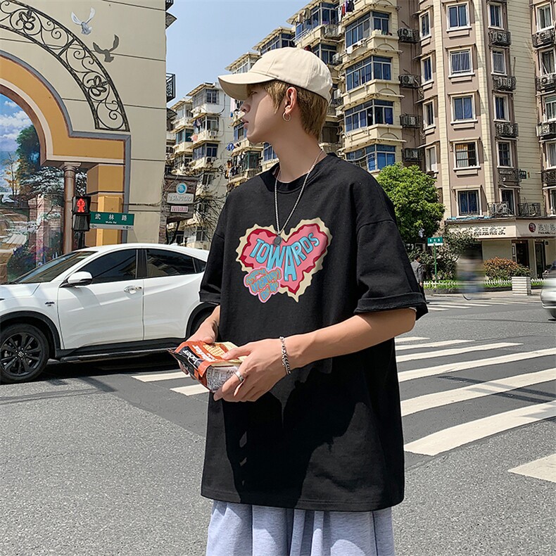 中性夏季潮流韩版帅气爱心印花宽松情侣短袖T恤T33P25控38,男装T恤,A247A
