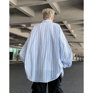 日系复古设计感条纹长袖衬衫男春秋小众港风休闲衬衣潮C152/P40图片