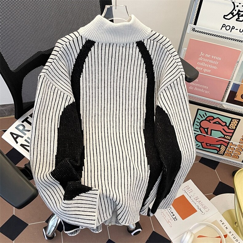 美式复古潮牌条纹针织衫外套男女开衫拉链立领MY324P68,男装针织衫/毛衣,星座1116-2