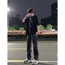 B221美式ins高街暗黑系小众拉链直筒牛仔裤LK23073-P65控88，男装牛仔裤，电商B221