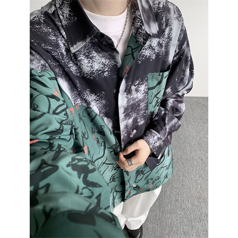 CS1152-特批38控68秋季新款新中式撞色拼接长袖冰丝衬衫大码男,男装衬衫,电商A059