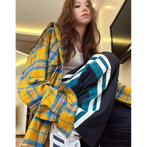 黄色格子衬衫男设计感小众高街vibe情侣长袖衬衣外套  CO4图片