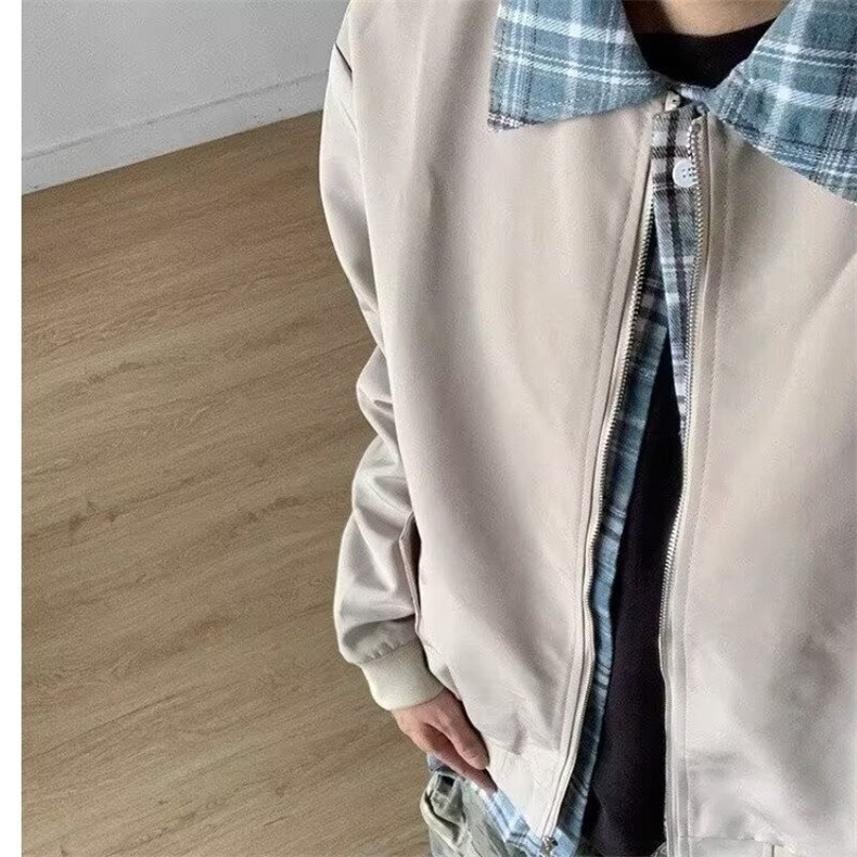 美式复古格子拼接假两件夹克男女设计感情侣工装外套HH887P68,男装夹克,星座1013-5