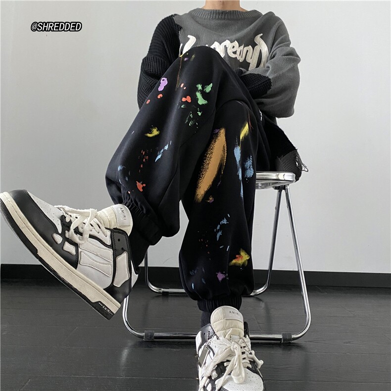 INS港风秋季新款束脚卫裤泼墨印花宽松休闲裤B315-K23431-p50控78,男装休闲裤,电商B315