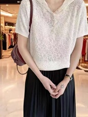 夏季通勤简约舒适百搭加欧根纱帽衫短袖，女装T恤，百纯羊绒