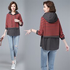 2021春装新款时尚条纹拼接宽松舒适休闲连帽卫衣，女装卫衣/绒衫，深水步