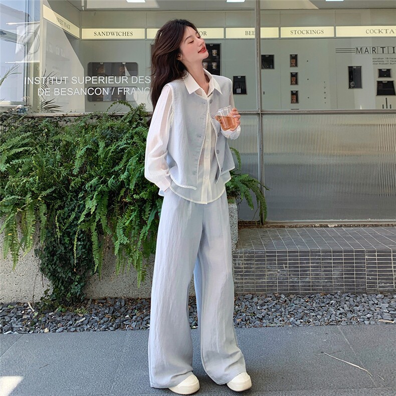 蕾丝拼接时尚百搭马甲阔腿裤套装女夏季新款T恤三件套ootd穿搭潮图片