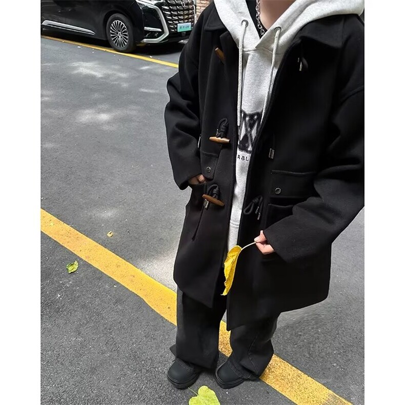 港风2024冬季中长款毛呢大衣男牛角扣宽松风衣青年学生潮流风衣男，女装毛呢外套，星座506A