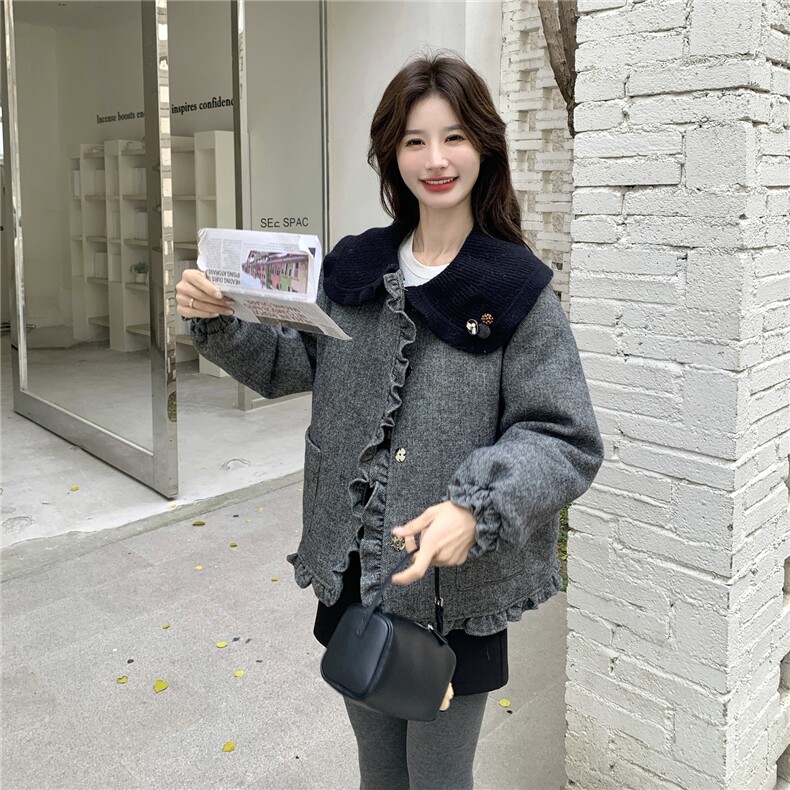 韩版学院风娃娃领毛呢白鸭绒外套女短款灰色气质减龄小个子羽绒服,女装羽绒服,艾米莉亚