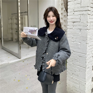 韩版学院风娃娃领毛呢白鸭绒外套女短款灰色气质减龄小个子羽绒服图片