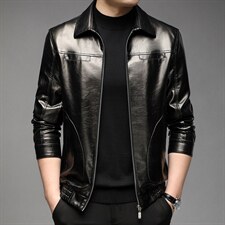 皮衣男士春秋季2023新款翻领纯色上衣中年男士商务休闲外套男装，男装皮衣，电商B212（原钱塘6029）
