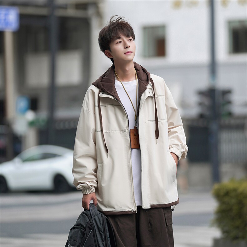 2025秋季新款主推假两件外套男少年感潮流帅气连帽夹克上衣，男装夹克，电商A210