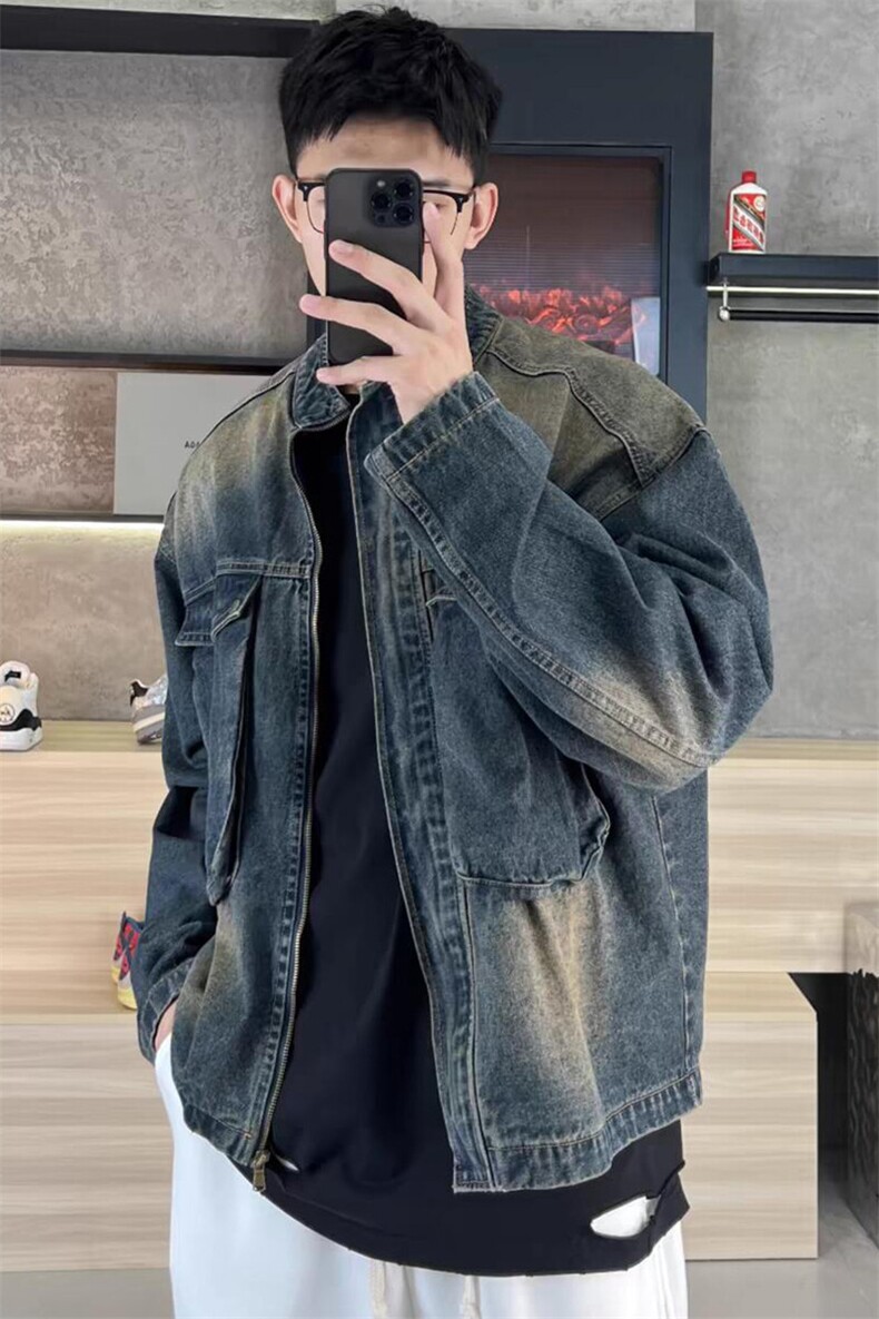 复古蓝渐变水洗做旧牛仔夹克宽松休闲大口袋外套JK001特P73,男装夹克,星座908-1