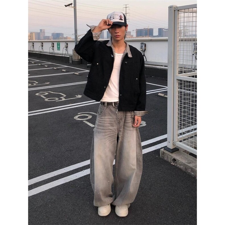 美式复古格纹工装夹克男女春秋百搭宽松立领工装外套潮流,男装夹克,四季星座505