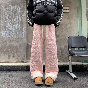 羊羔绒棉裤菱格纹休闲运动男女秋冬加厚高腰阔腿宽松裤A656/P48图片