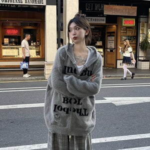 美式复古字母印花连帽毛衣女秋冬季2025年新款宽松情侣针织衫外套图片