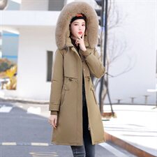 现货2024年冬季腰间可抽绳后背绣字母时尚派克服配高纺大毛领，女装派克服，采品优优