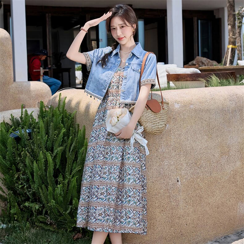 2025夏季新款现货花边连衣裙配牛仔两件套2C056-9507-P155-K218,女装连衣裙,2C256