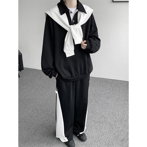 5XL-M潮流高级感披肩撞色拼接翻领百搭卫衣宽松弯刀长裤TZ113P118图片