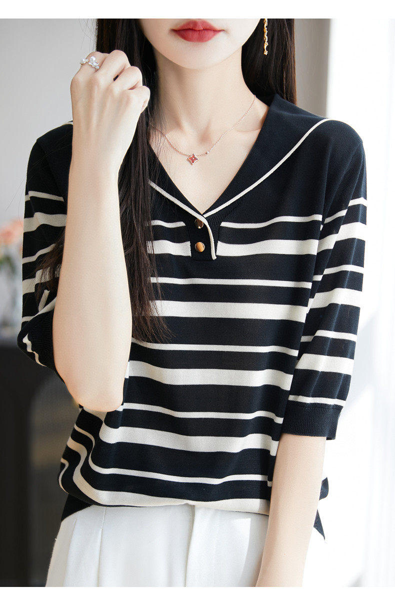 冰丝针织条纹海魂衫短袖T恤女2025夏季新款洋气减龄半袖上衣小衫，女装T恤，绒泰祥