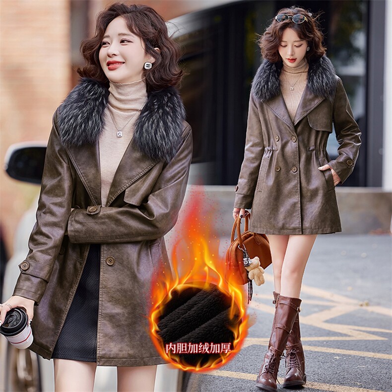 【2024冬季女装新款】时尚港风双排扣可脱卸真毛毛领加绒皮棉皮衣，女装皮衣，魅衣本色