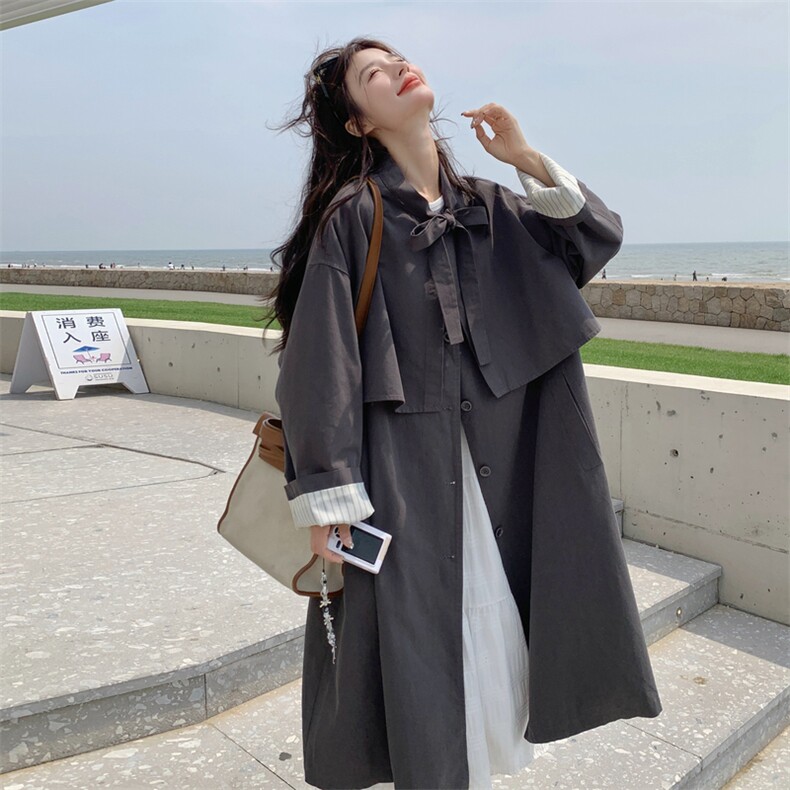 高级小众休闲韩系chic灰色风衣外套女春秋超火好看气质中长款大衣,女装风衣,2C016