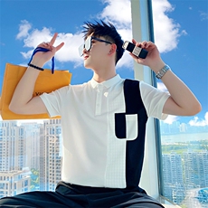 AT313/P58控78夏季社会小伙撞色口袋痞帅百搭POLO短袖T恤男黑首，男装T恤，星座305B-1