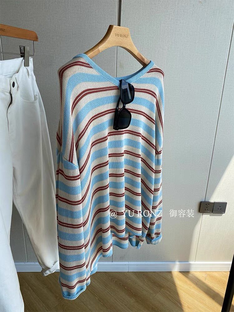 女装高级感气质减龄撞色条纹V领针织衫天丝麻材质图片