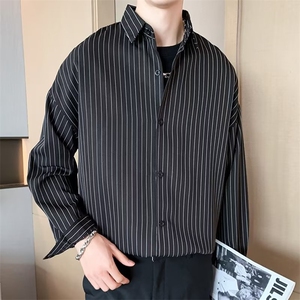 条纹衬衫外套男春秋季潮牌休闲衣服短袖潮流男士长袖黑衬衣 C303图片