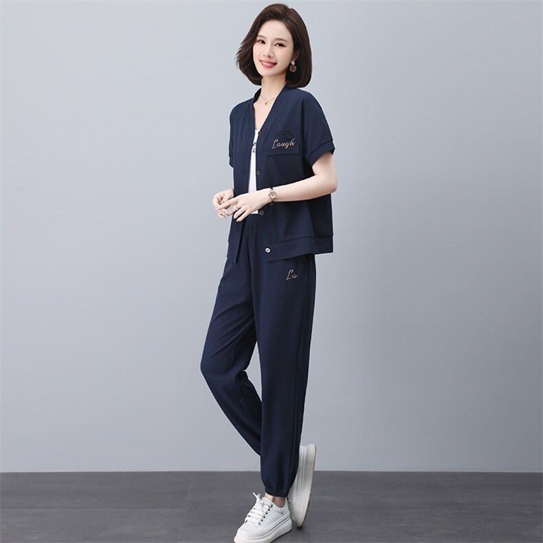 中年妈妈运动服套装洋气2025新款中老年女夏季薄款外套休闲两件套,女装套装/套裙,忆绮罗
