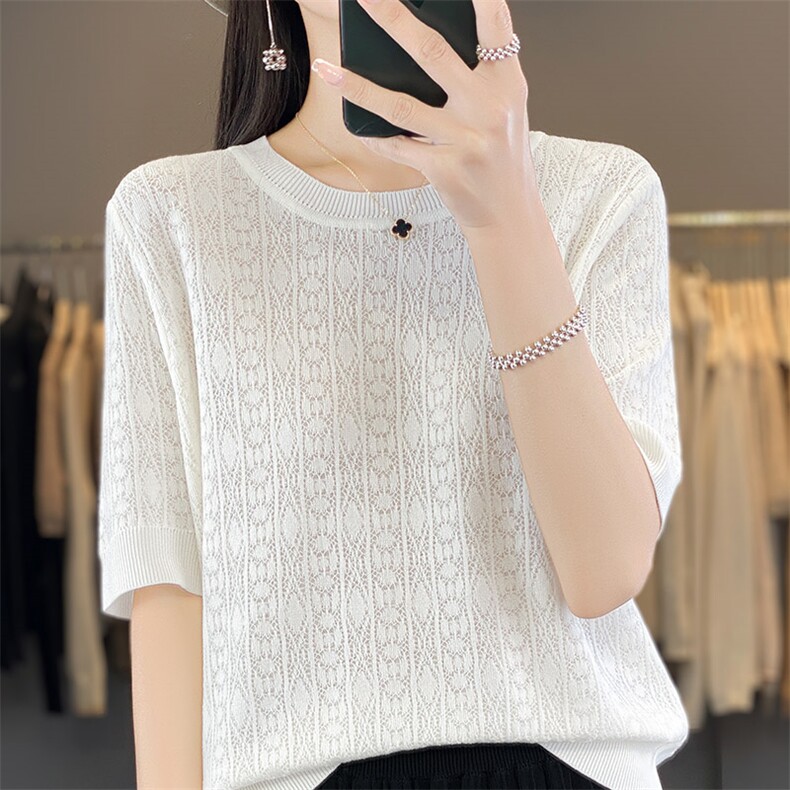 简约圆领针织短袖T恤女宽松休闲镂空薄款纯色小衫高级感百搭上衣，女装T恤，秋虹羊绒