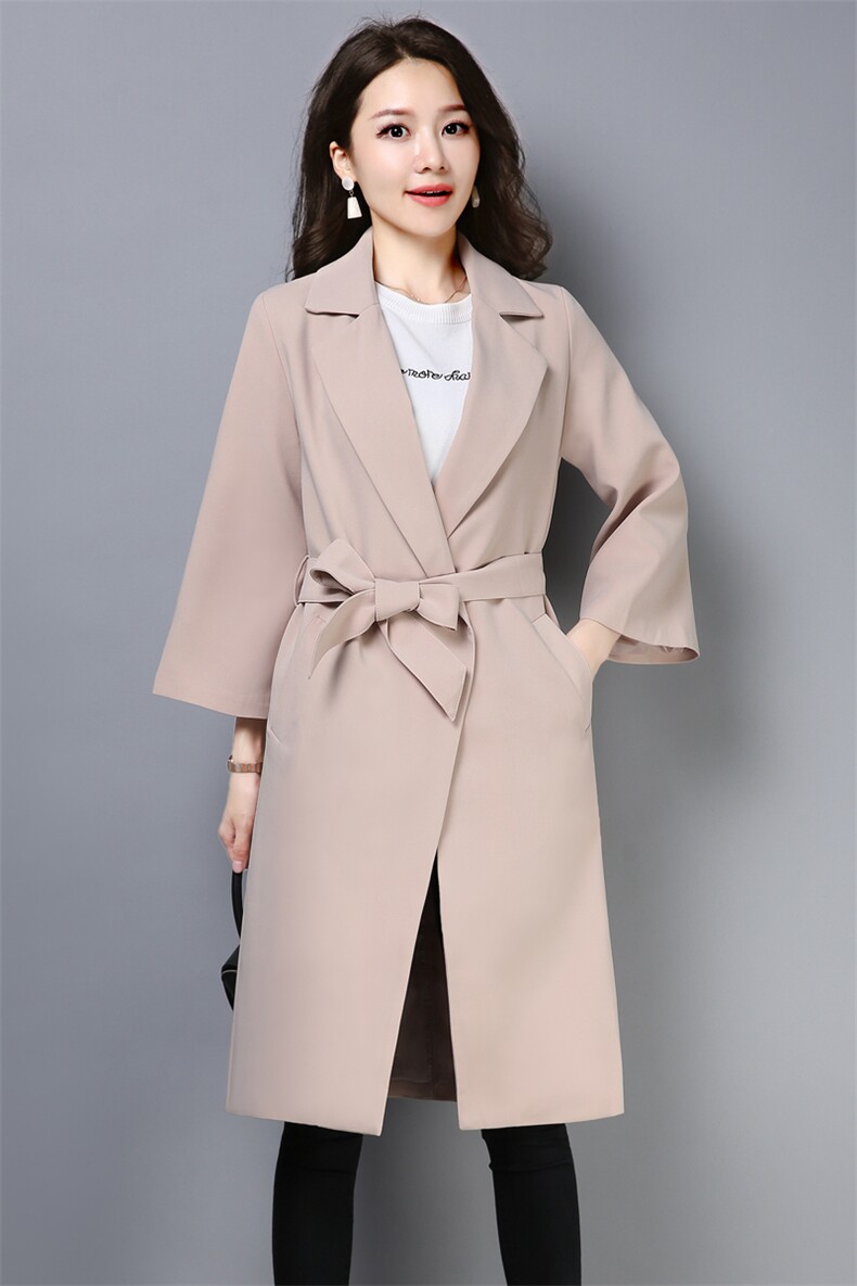 潮流时尚舒适百搭九分袖纯色大翻领开衫系带2021春秋季,女装风衣,奕阳依阁