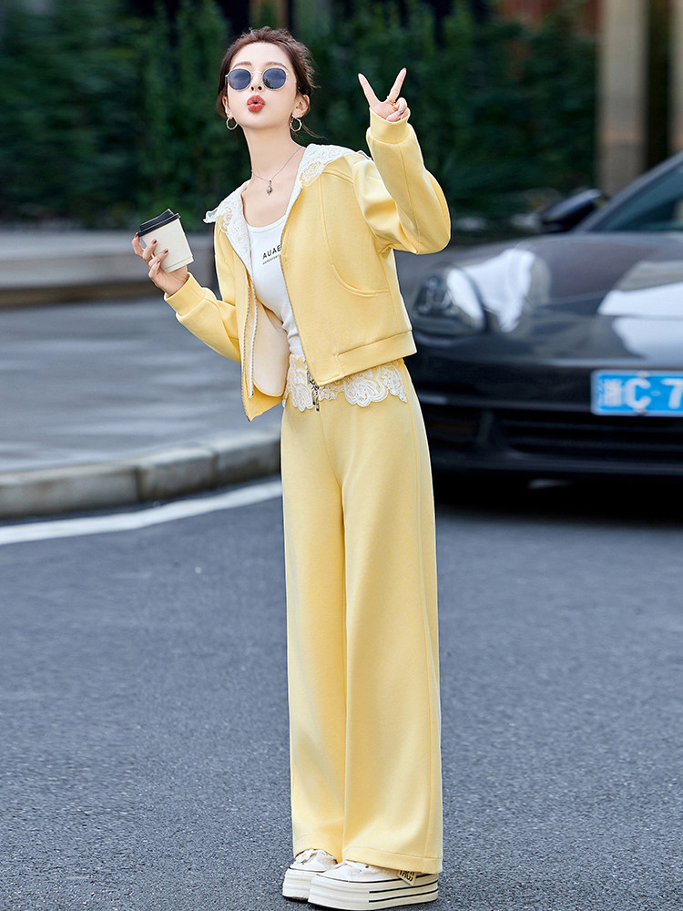 蕾丝连帽休闲运动套装女春秋2024新款小个子穿搭卫衣阔腿裤两件套,女装套装/套裙,梦依杭