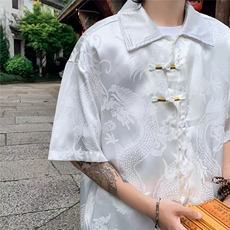 风男装夏季复古暗纹盘扣白色POLO上衣宽松短袖衬衫ins潮，男装衬衫，星座716-3