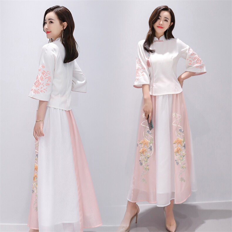 2021夏装新款文艺复古绣花两件套裙中国风改良旗袍款套装女,女装套装/套裙,芷墨服饰