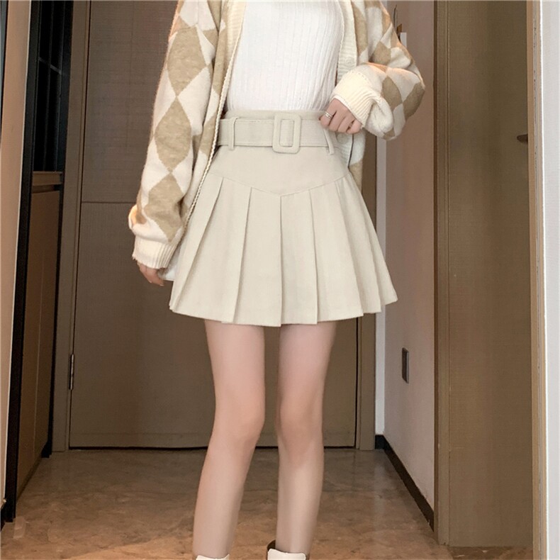 高腰A字灯芯绒短裙女秋冬新款防走光百褶裙减龄显瘦半身裙,女装半身裙,梦白服饰厂