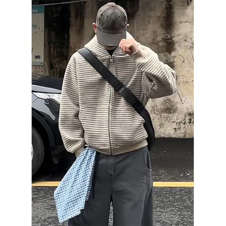 美式复古条纹拉链开衫连帽卫衣男女宽松休闲百搭情侣外套WA231,女装短外套,星座1116A（原606A-3）