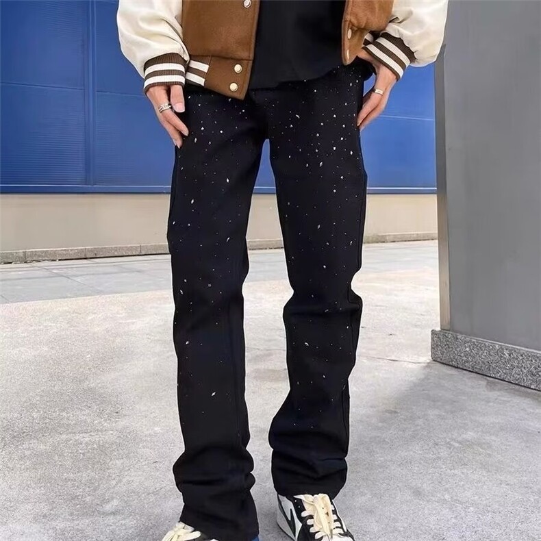 黑色烫钻满天星牛仔裤子男潮网红同款修身百搭潮牌学生休闲九分裤,男装牛仔裤,星座506A