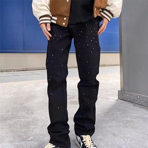 黑色烫钻满天星牛仔裤子男潮网红同款修身百搭潮牌学生休闲九分裤图片