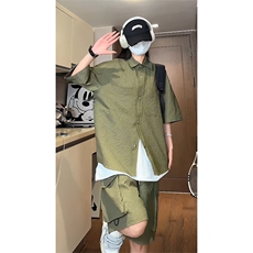泡泡纱短袖衬衫男装小众高级感穿搭套装夏季薄款宽松大码工装短裤，男装休闲套装，电商B371