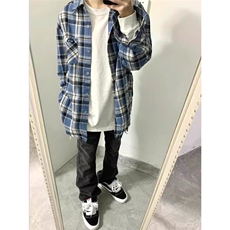 蓝色格子衬衫男款美式复古外搭潮牌长袖衬衣cleanfit外套CS08，男装衬衫，星座208-5