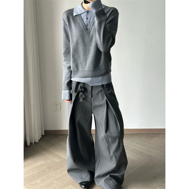 25网图秋冬新款假两件翻领灰色毛衣翻领男女MY09-特P58图片