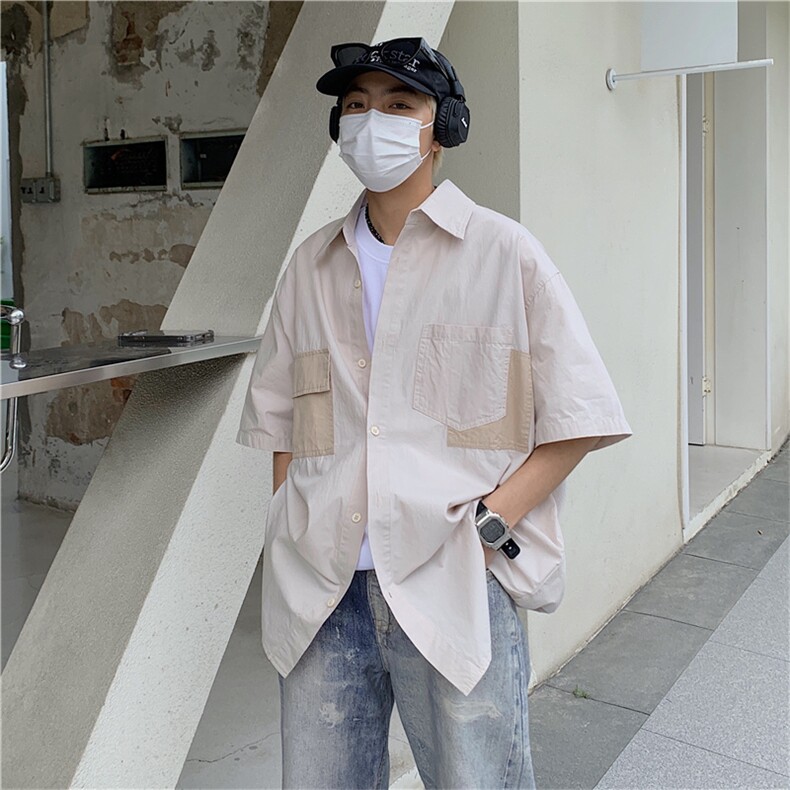 夏季立体袋衬衫男休闲潮流宽松夏季衬衣港风潮牌五分袖CS0774-P35,男装衬衫,星座308B-2