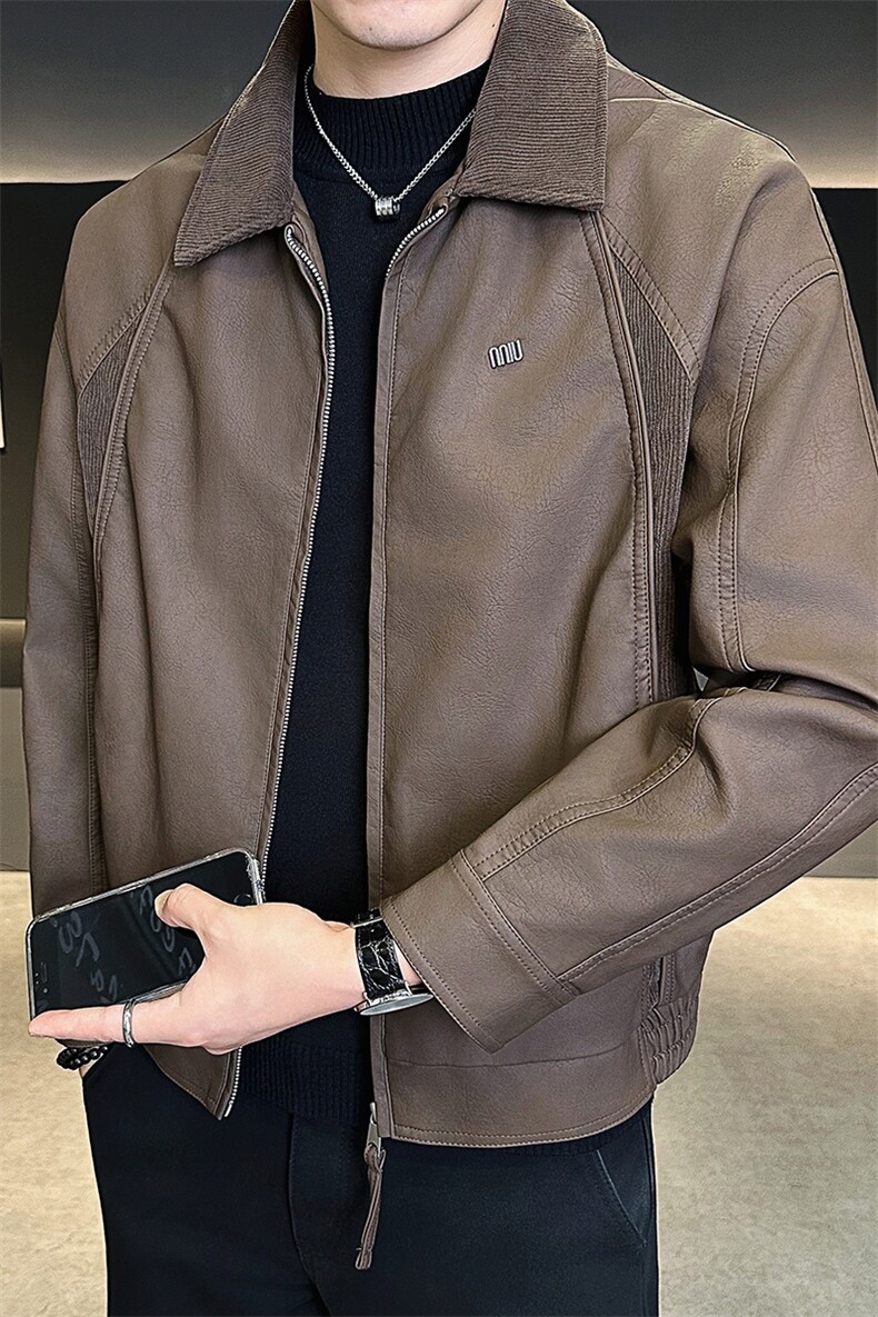 25619-M-4XL-P140店主风秋季新款翻领百搭拼接针织男士皮衣外套,男装皮衣,电商B255